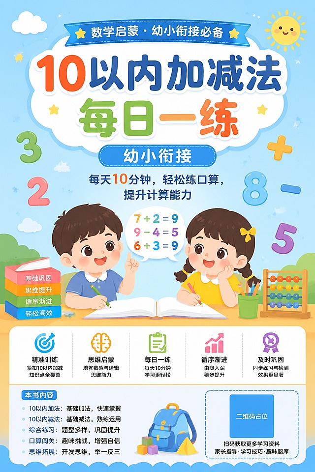 练习册封面，扁平插画风格，清新可爱，适合儿童，主色调浅蓝色，搭配明亮暖色点缀。整体设计参考一年级数学教材封面，居中排版，版式精美。画面主体有简单可爱的数字、加减符号等数学元素。画面必须包含文字：主标题"10以内加减法每日一练"，副标题"幼小衔接"，卖点文字"每天10分钟，轻松练口算，提升计算能力"，装饰文字"数学启蒙 · 幼小衔接必备"。画面中所有二维码区域使用纯色方块占位符呈现，方块中央标注"二维码占位"文字，严禁生成任何可识别的二维码图案。画面中所有信息区域、套餐卡片、价格表格、权益列表、对比模块、福利条目、课程大纲、议程、嘉宾介绍区等必须填充完整合理的内容，不得出现空白框、空白占位、横线待填写区域、空列表项、空单元格；用户未提供具体内容时，基于海报主题和场景合理补全典型内容，确保是完整可用的成品海报而非待填写模板。画面中所有数字必须精确渲染，不得错位、遗漏或编造。