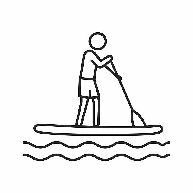 正方形图标，户外活动分类图标，桨板主题，简约线条风格，极简扁平化设计，一个人站在桨板上划桨的简约剪影，水面元素，线条简洁流畅，单色线条，白色背景，干净整洁，现代简约风格，图标设计，无多余装饰元素
