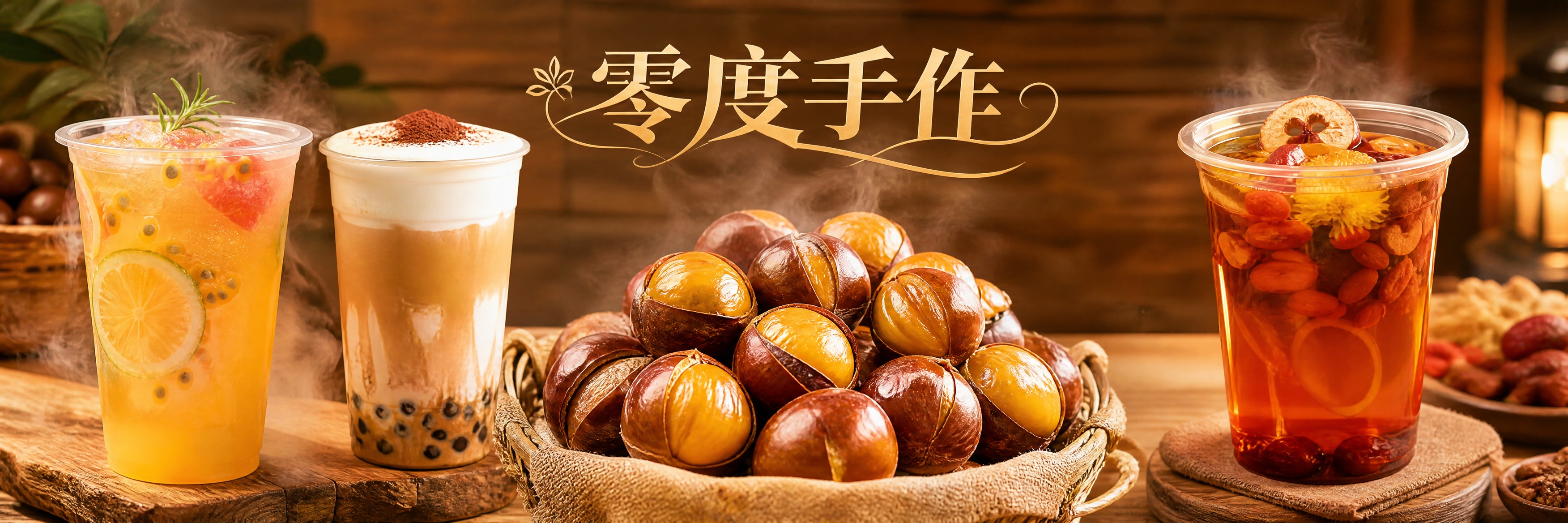 零度手作店铺横幅海报，宽幅横版构图，画面从左到右依次展示：一杯… - 图片创意预览