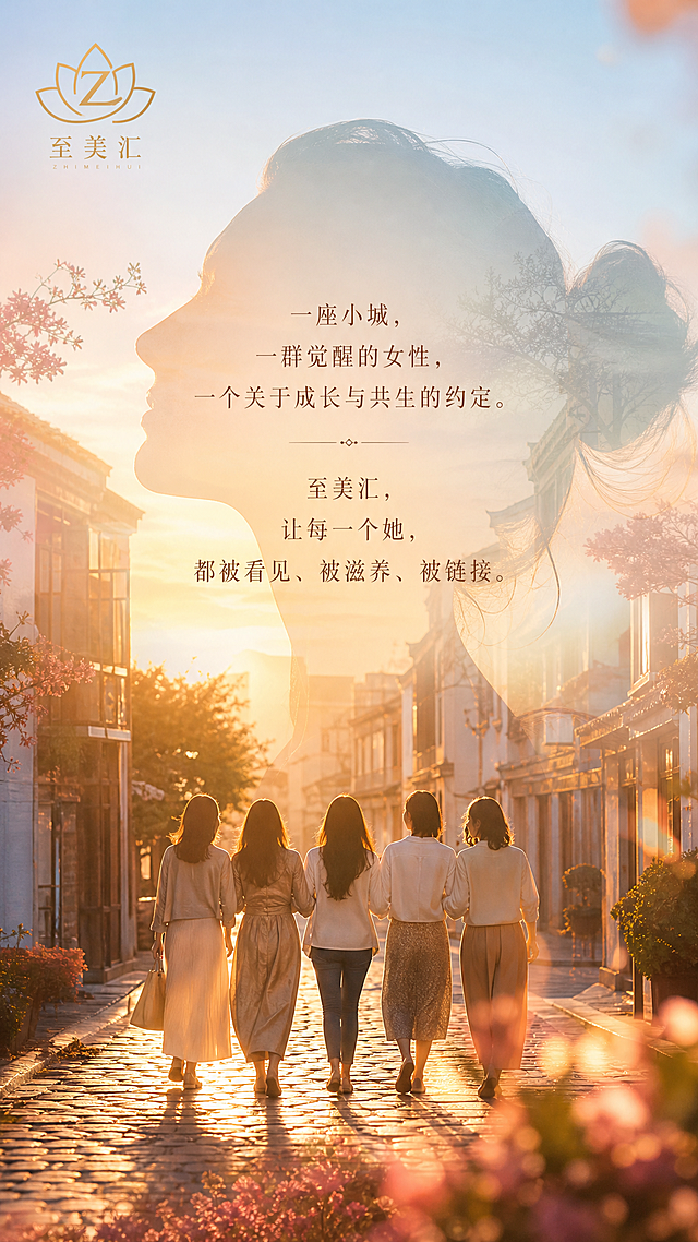 一张竖版9:16的高端女性品牌朋友圈海报，极简轻奢风格。画面主体是一座小城的温暖街景与一群女性背影的叠影意象，她们并肩走在石板路上，前方是温暖的光，体现小城女性的成长与共生约定。暖金、橘粉与淡蓝渐变配色，诗意梦幻。左上角放置金色莲花Z形的「至美汇」logo。画面中央用纤细宋体排版呈现文案：「一座小城，一群觉醒的女性，一个关于成长与共生的约定。至美汇，让每一个她，都被看见、被滋养、被链接。」文字排版诗意有力量。整体氛围温暖、诗意、有使命感，体现社群的价值主张。写实商业摄影与艺术叠影结合，电影级氛围，2K超清画质。