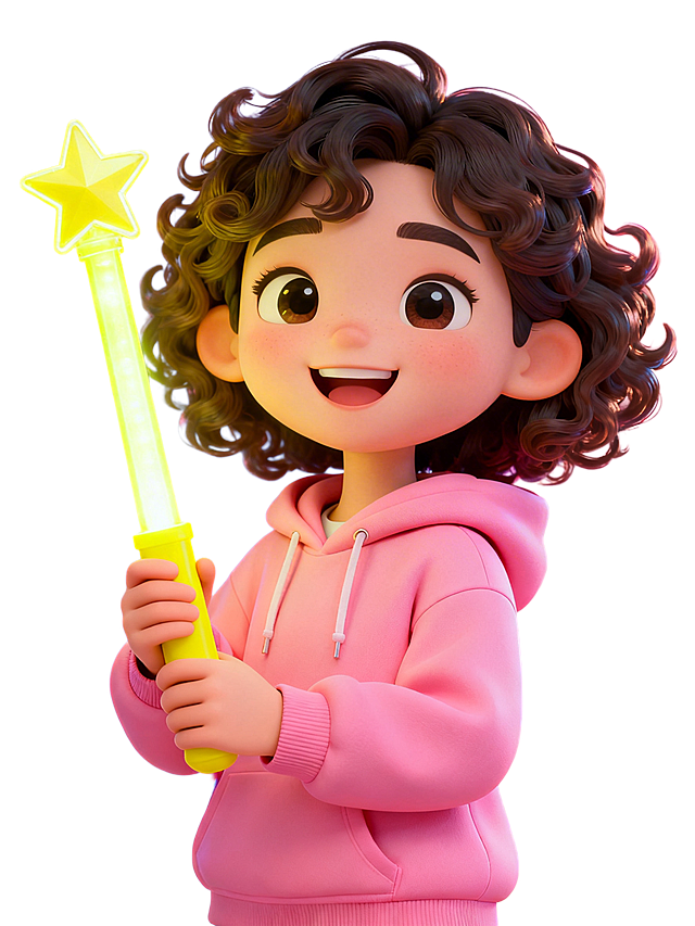卡通3D风格，卷发微笑的女孩子，手里拿着应援棒，画面生动可爱