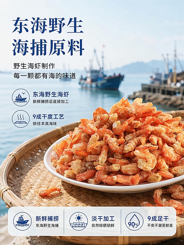 [第2张] 原料产地专张-东海野生海捕+淡干工艺展示。本张使用【图8】作为商品主体（海边背景虾米）。
[氛围/风格] 产地新鲜感，海边自然光感，真实质朴，商业摄影质感。
[元素布局] 画面主体为白盘里的淡干海捕虾米，位于画面中下偏右，占比约50%；背景为虚化的东海渔港景象，远处隐约可见渔船轮廓和海面，营造海捕来源氛围；左侧大面积留白放文案；虾米颗粒完整、橙红鲜亮，外观与输入产品图一致；画面底部有竹编簸箕边缘增加层次。
[光影质感] 左侧自然柔光，模拟海边清晨光线，虾米干爽有质感，阴影柔和，整体通透有海风感。
[配色色系] 全局底色 #EAF2F5 浅海蓝色渐变；主色橙红虾米色；辅助色海蓝、米白；点缀色深蓝文字。
[视角构图] 45°微俯视，阅读动线左上文案 → 右侧虾米主体 → 底部工艺条。
[文字版式] 左侧上半区文案：主标题「东海野生 海捕原料」，温润宋体加粗，深蓝色；副标题「野生海虾制作 每一颗都有海的味道」，圆角黑体；下方两段说明：「东海野生海虾 新鲜捕捞后直接加工」「9成干度工艺 锁住本真海味」，每段配小图标；底部三个工艺图标+标签：「新鲜捕捞」「淡干加工」「9成足干」。文字清晰可读。
[比例分辨率] 3:4 竖版比例，4K 分辨率，文字清晰可辨，高清画质。
[负向提示词] 虾米变形，颜色偏差，水印，文字错乱，产品图模糊，背景杂乱，渔船不清晰。
