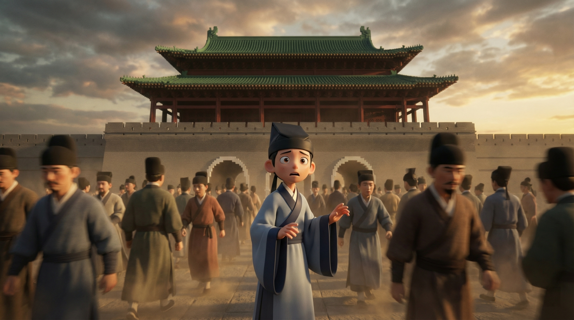 朱守谦的主观视角，参考图二正阳门背景，画面中央是丁显参考图一的3D形象，穿明代书生蓝灰色学子装束，在人群中左顾右盼，表情一脸茫然正在四处打听，丁显和周围人群融合但神态茫然慌乱格格不入，人群模糊处理，焦预览效果