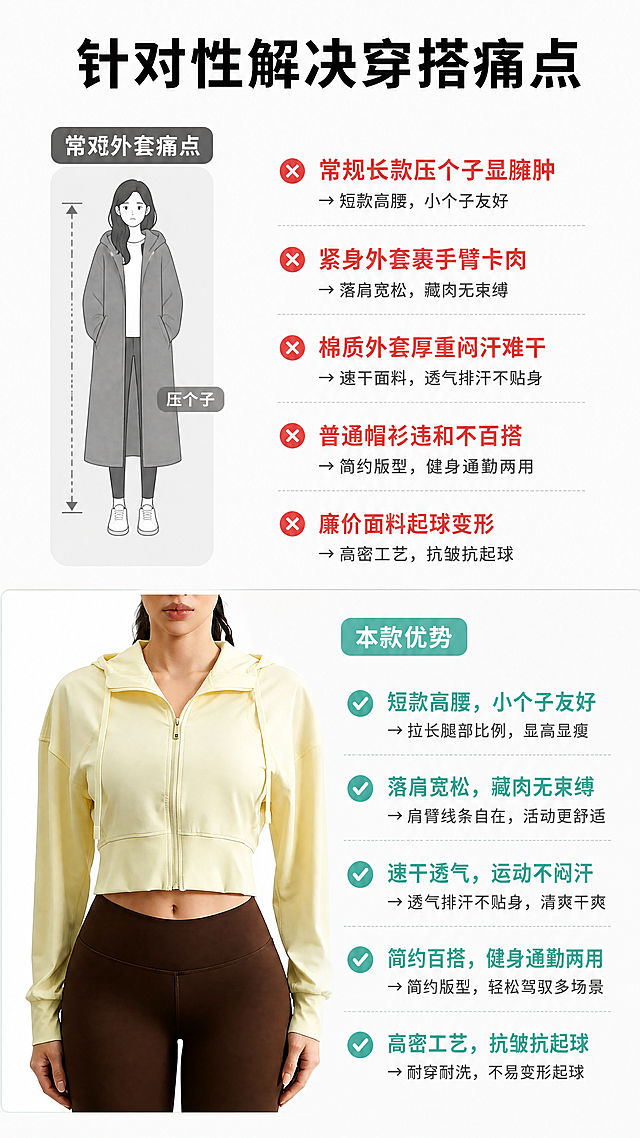 [第2屏] 痛点解决对比屏，对比常规外套痛点与本款外套优势。
[氛围/风格] 清晰对比版式，简约设计风，干净明亮，信息层级分明，符合抖音移动端阅读。
[元素布局] 画面分为上下两个区域，上半部分展示传统外套痛点，下半部分展示本款优势。上方左侧放一张常规长款外套压个子的示意图，右侧配痛点文字；下方使用图1奶黄色外套主体展示本款优势，保留产品原有结构、颜色和剪裁不变，左右布局突出对比效果，整体构图工整不拥挤。
[光影质感] 均匀布光，两侧对比区域光线一致，产品和文字都清晰可见，明暗层次分明，对比突出。
[配色色系] 全局底色：#FAFAFA（米白）；主体配色：#FFF1C8（奶黄）+ #333333（深灰文字）；辅助色：#FF6B6B（痛点标红）+ #4ECDC4（优势标绿）。
[视角构图] 竖向分屏对比版式，上下等分，阅读动线从上至下，一目了然。
[文字版式] 顶部通栏标题"针对性解决穿搭痛点"加粗黑字居中。上方痛点区左图右文，痛点1到5分别列出："常规长款压个子显臃肿 → 短款高腰，小个子友好"；"紧身外套裹手臂卡肉 → 落肩宽松，藏肉无束缚"；"棉质外套厚重闷汗难干 → 速干面料，透气排汗不贴身"；"普通帽衫违和不百搭 → 简约版型，健身通勤两用"；"廉价面料起球变形 → 高密工艺，抗皱抗起球"。痛点关键词用红色标注，优势关键词用绿色标注，文字清晰，行间距适中。
[比例分辨率] 9:16竖版比例，4K分辨率，文字清晰可辨，超高清。
[负向提示词] 文字错乱，排版混乱，颜色偏差，产品变形，对比不清晰，水印，背景杂乱