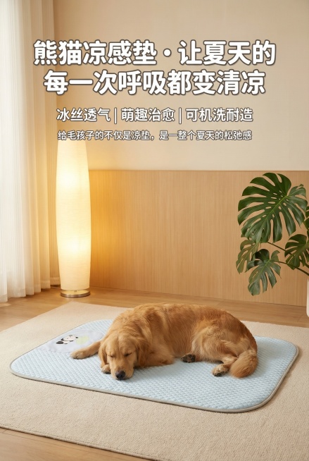 [详情图1] 高级感日系家居场景，暖调漫射光，治愈宅家氛围感。浅蓝熊猫凉感垫铺在米白色短绒地毯上，金毛安安静静地躺在凉垫上打盹，背景是浅原木色墙面、一旁摆放的龟背竹绿植，暖黄色的落地灯光线柔和地洒在整预览效果