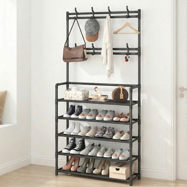 以图1为背景，对后续图片分别进行溶图操作，不要改变后续图片中鞋帽架的结构、层数、材质、比例预览效果