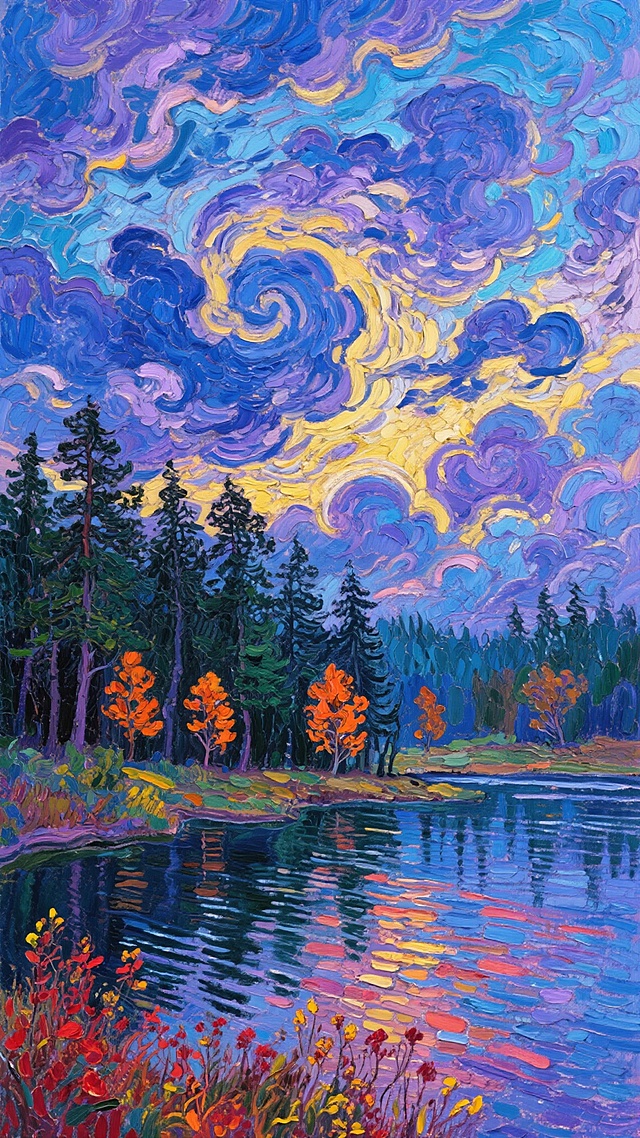 厚涂风油画，融合印象画派笔触，梦幻光影交织于静谧湖畔，唯美的秋日森林倒映水中，浪漫而文艺。