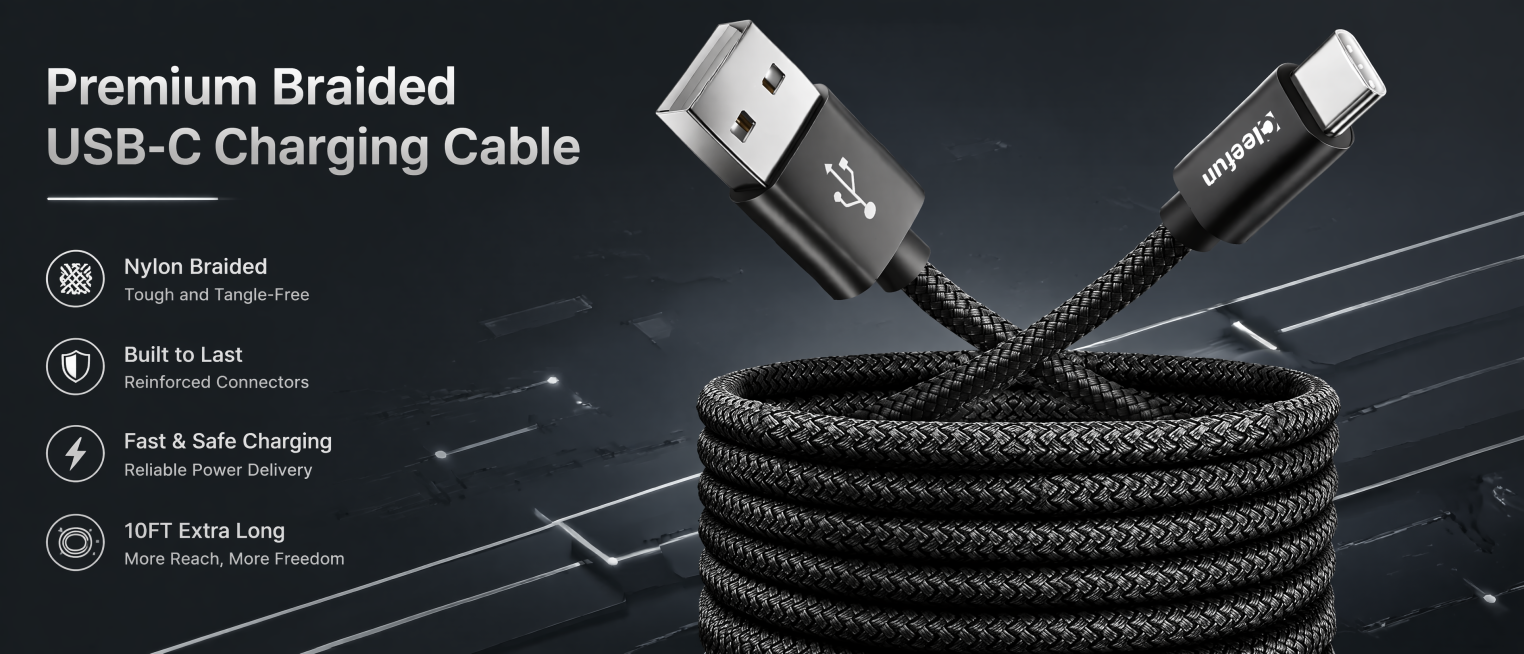 [Screen 1] Amazon A+ header page, main visual display of black braided nylon USB-C to USB-A charging预览效果