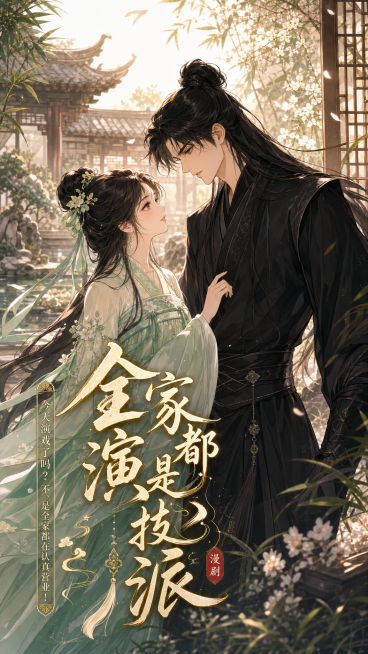 古风漫剧封面，比例9:16，背景为古雅庭院场景非纯白色，图中一男一女古装人物互动，男子黑色古装，女子浅绿色古装，书名“全家都是演技派”预览效果