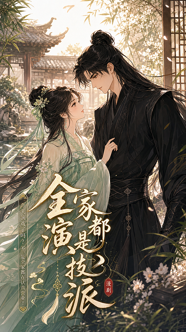 古风漫剧封面，比例9:16，背景为古雅庭院场景非纯白色，图中一男一女古装人物互动，男子黑色古装，女子浅绿色古装，书名“全家都是演技派”