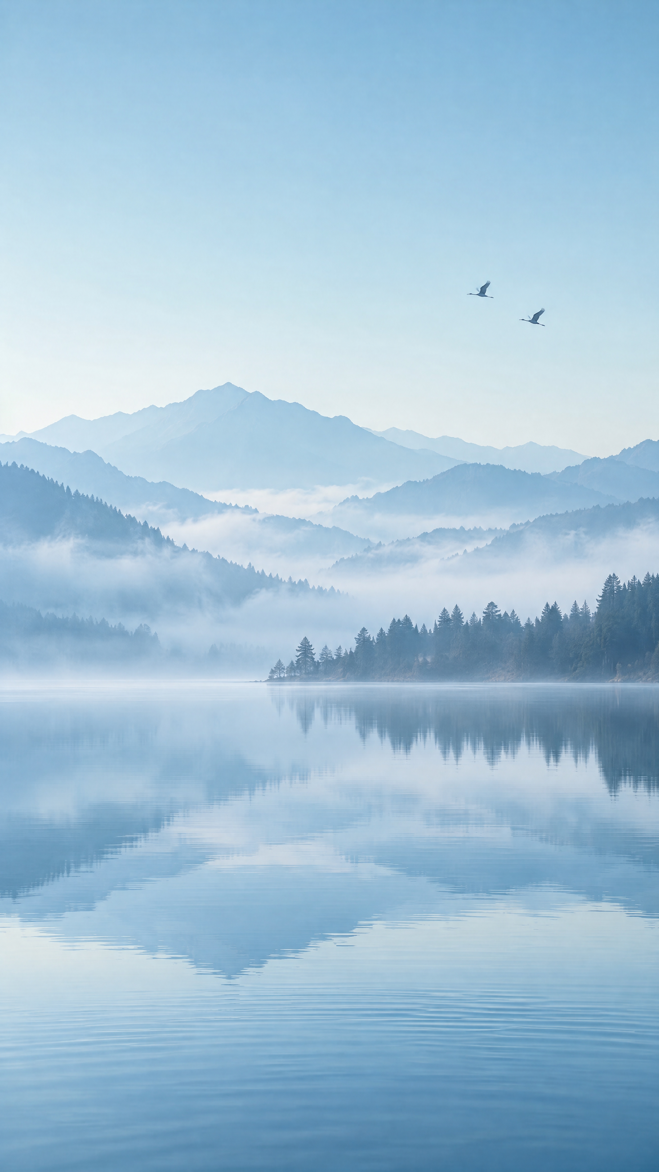 竖版手机壁纸，清晨薄雾山水湖景，层叠连绵的淡蓝色远山，空气透视… - 图片创意预览