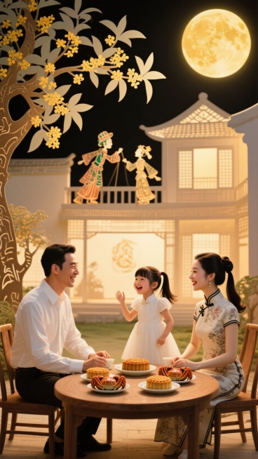 中秋节一家三口（爸爸、妈妈、小女孩）聚在一起在二层小楼的院子里，吃饭的场景，桌上有月饼，和阳澄湖大闸蟹，爸爸穿着白色衬衫，妈妈穿着旗袍，女孩穿着白色公主裙，扎着高马尾，旁边巨大的桂花树和一轮圆月，月夜预览效果