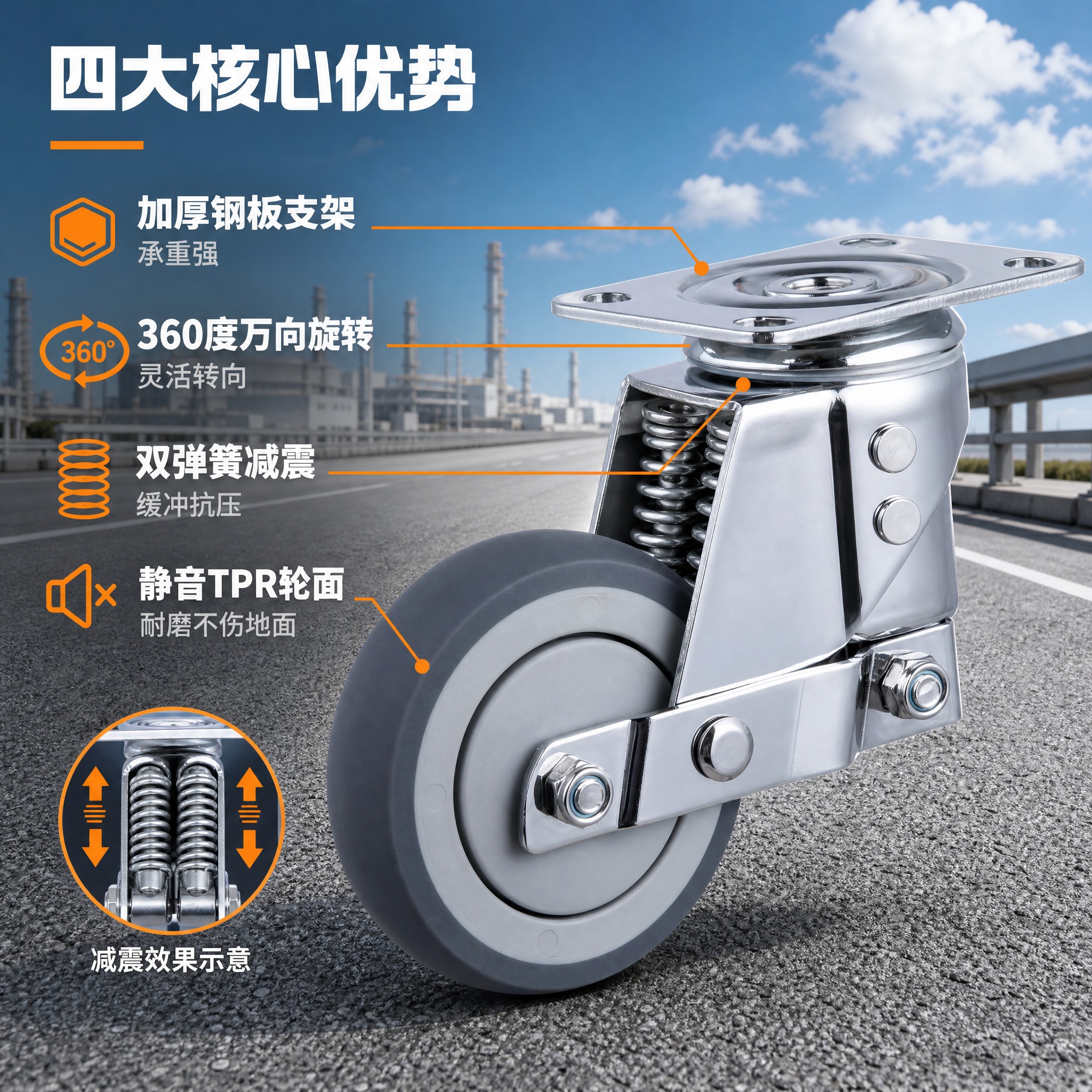 [主图-2] 双弹簧减震脚轮 产品亮点卖点图，展示双弹簧减震与… - 图片创意预览