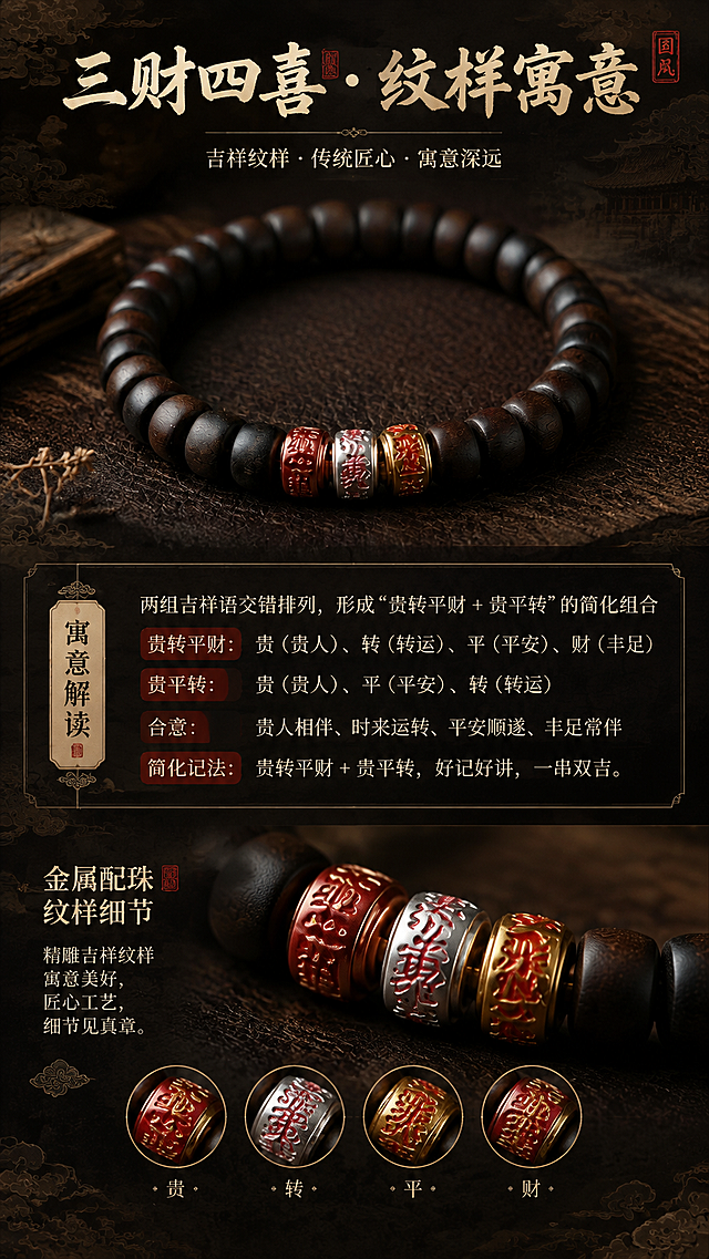 第4屏：纹样寓意解读。基于image1-4手串，生成详情页文化屏，9:16竖版。要求：1. 产品外观不变；2. 暗调国风质感，深色古绢纹理背景，搭配隐约祥云暗纹；3. 标题："三财四喜·纹样寓意"；4. 寓意解读："两组吉祥语交错排列，形成'贵转平财 + 贵平转'的简化组合 贵转平财：贵（贵人）、转（转运）、平（平安）、财（丰足） 贵平转：贵（贵人）、平（平安）、转（转运） 合意：贵人相伴、时来运转、平安顺遂、丰足常伴 简化记法：贵转平财 + 贵平转，好记好讲，一串双吉"；5. 手串局部特写展示金属配珠上的纹样细节；6. 古韵氛围，中式字体，详情页排版。