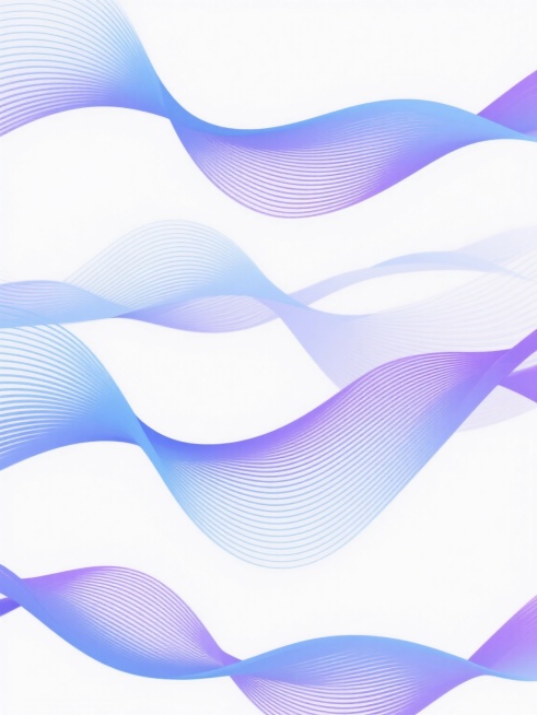 抽象流体渐变图案，白色纯色背景，由多组相互交织、流畅飘逸的波浪线条构成，线条采用蓝紫色调渐变（从浅蓝到深紫），部分线条内部填充细密的平行线条纹理，波浪形态较原图更具起伏感和动态张力，整体保持数字艺术的平滑质感和简洁现代的设计风格，视觉层次清晰，色彩过渡自然和谐。预览效果