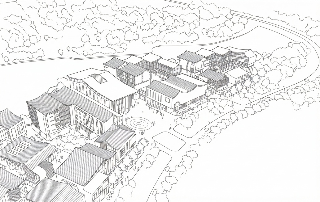 提取这张建筑效果图的线条，保留建筑和场地的轮廓结构，生成线稿图，去除所有灰度填充和色彩，只保留清晰的黑色线条预览效果
