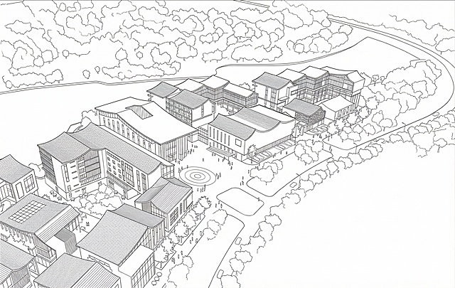 提取这张建筑效果图的线条，保留建筑和场地的轮廓结构，生成线稿图，去除所有灰度填充和色彩，只保留清晰的黑色线条
