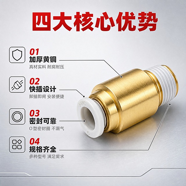 [主图-2] SMC型气动接头产品亮点卖点图，编号式卖点展示。
[统一基调] 浅灰色工业风渐变背景，主标题红色粗黑体，辅助文字深灰色，整体专业工业品质感。
[画面] 画面右侧放置SMC型黄铜快插接头主体，占比约50%，正面45度角展示，黄铜金属质感强烈。左侧为卖点区域，用数字编号1-4列出核心卖点，每个卖点配简洁图标。用细引线从卖点指向产品对应部位。
[光影质感] 商业摄影质感，产品金属反光清晰，螺纹和接口细节锐利，整体光线均匀柔和，突出工业品质感。
[配色] 背景浅灰色渐变，编号数字红色，卖点标题深灰色，说明文字灰色，金属黄铜本色。
[文字版式] 顶部红色粗体大标题"四大核心优势"；左侧竖排4个卖点：1号红色数字"01"旁深灰色标题"加厚黄铜"，灰色小字"真材实料 耐腐耐压"；2号红色数字"02"旁深灰色标题"快插设计"，灰色小字"即插即用 安装便捷"；3号红色数字"03"旁深灰色标题"密封可靠"，灰色小字"O型密封圈 不漏气"；4号红色数字"04"旁深灰色标题"规格齐全"，灰色小字"多种型号 满足需求"。引线从卖点指向产品对应部位。文字清晰，不遮挡主体。
[输出要求] 1:1正方形比例，2048*2048，产品清晰，文字清晰可读，无变形，无水印，无平台logo。