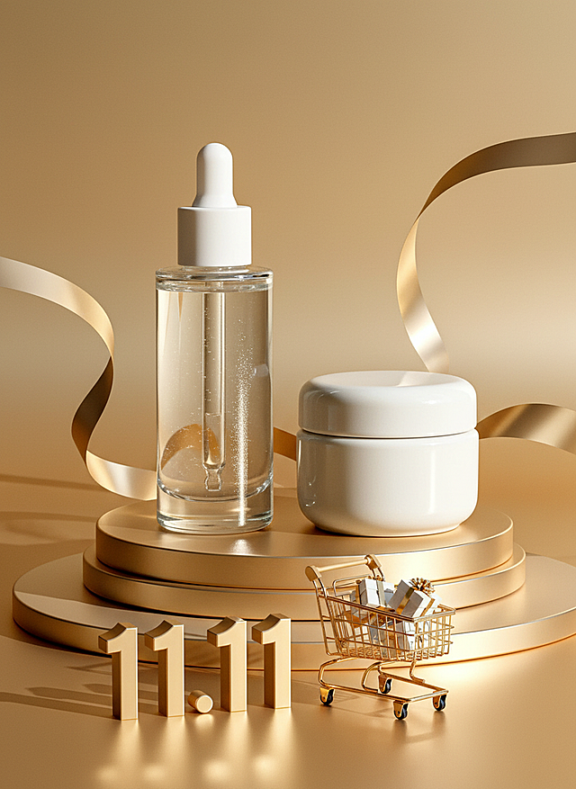 鎏金3D微缩艺术风，金属质感与优雅线条交织，展现奢华时尚的双十一护肤礼遇。