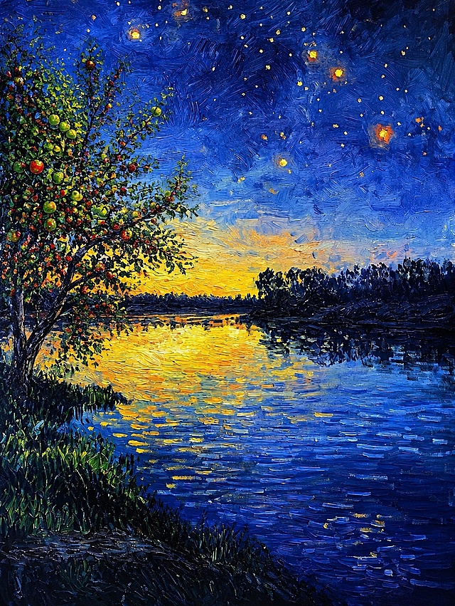 参考原图的梵高后印象派油画风格，星空下湖泊日落河岸风景，将左侧的树木替换为李子树，树上同时带有红色和绿色的李子，保留厚涂笔触、蓝色夜空和星空黄色星光、湖面金色落日倒影的整体画面风格