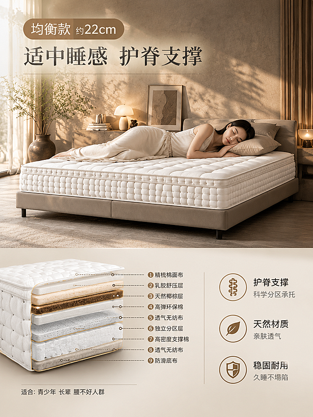 [商品] 使用第1张图的侘寂风卧室场景床垫图，保留白色格子手工床垫外观、手工拉扣、侧面绗缝、女性侧卧睡姿、水泥台床、落地窗纱帘、棕榈叶光影、水泥墙面等全部场景元素。商品处理：床垫厚度调整为约22cm（相对较薄），睡感适中偏硬，床垫表面相对平整，下陷感较弱。场景和人物保持不变。
[画面] 页面目标：22cm均衡款SKU选款图，适中睡感。构图：参考第2张图的上下分区排版，上半部分约3/5为卧室场景大图（使用第1张图的场景），下半部分约2/5为结构剖面小图+卖点列表。左上角标注款名和厚度。
[视觉] 套系策略：风格=高级极简侘寂风商业摄影；标题字=纤细优雅衬线粗体；正文字=现代无衬线体；主色=奶白+水泥灰+暖木色；背景延展=上半部分侘寂卧室场景，下半部分浅米灰渐变；强调色=米驼色，用于标签、图标和引线；标题色=深炭灰；正文色=中暖灰；组件=圆角标签框、细线引线、圆形线框图标；光影=暖金色晨光侧逆光，柔和自然。
[文字] 左上角大标签「均衡款 约22cm」，副标题「适中睡感 护脊支撑」；下半部分左侧为九层结构剖面小图（无迷你弹簧），右侧三个圆形图标加文字：护脊支撑 科学分区承托、天然材质 亲肤透气、稳固耐用 久睡不塌陷。底部小字「适合：青少年 长辈 腰不好人群」。文字清晰可读，不遮挡人物和床垫主体。
[规格] 图片比例3:4竖版，4K分辨率，负向提示：避免变形、错字、文字模糊、床垫过厚、冷蓝背景、场景改变。