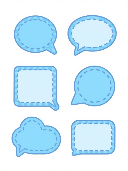 在纯白色背景上，以扁平化设计风格呈现6个完全不同形状的气泡框，规整排列。每个气泡框均采用浅蓝色主色调，内部边缘为虚线轮廓，外部边缘为由细小蓝色方格图案填充的粗线条，其中一个气泡框可带有小三角形装饰元素，所有气泡框保持简洁、可爱的卡通风格，整体视觉效果统一且富有设计感。预览效果