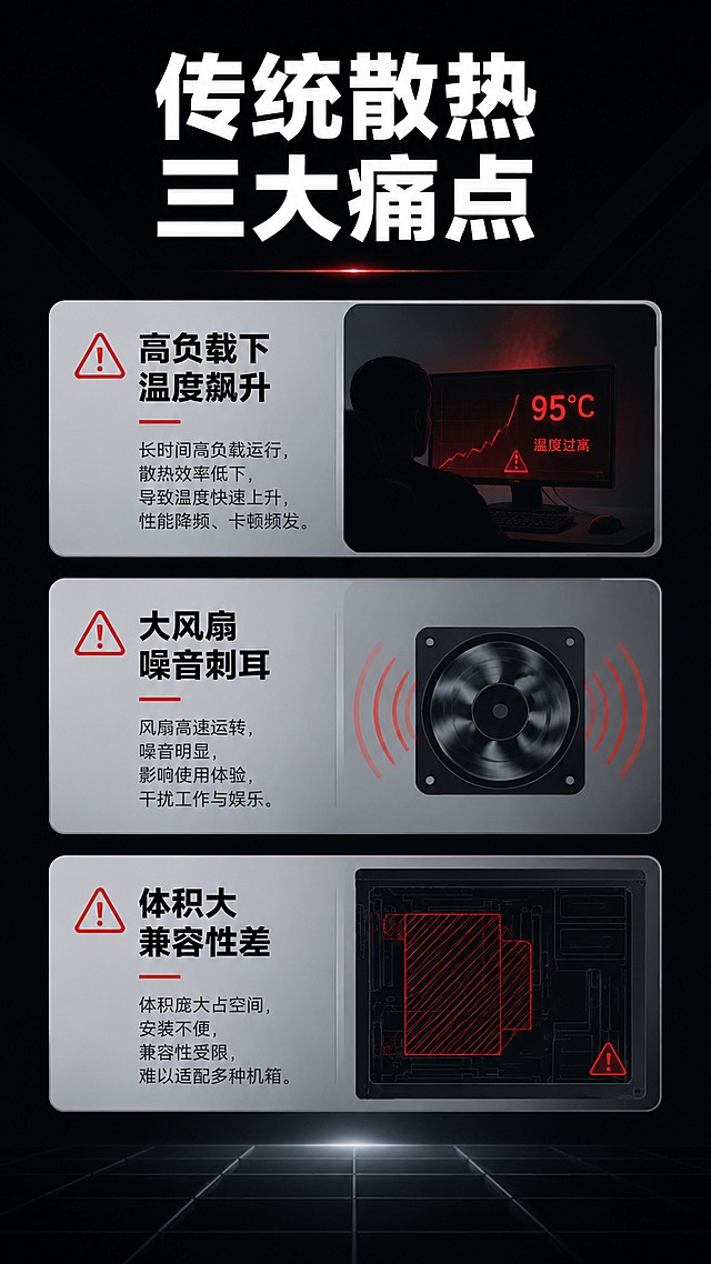 [第2屏] 痛点直击，讲解传统散热方案的常见问题。无需放入产品图。
[氛围/风格] 对比感清晰，专业理性风格，深色科技背景。
[元素布局] 页面分为上下区域，顶部大标题，中部三个痛点卡片垂直排列，每个卡片配对应问题场景示意，底部留白引导关注后续方案。
[光影质感] 均匀柔光，卡片清晰区分层次，文字清晰不模糊。
[配色色系] 全局底色 #121212，主文字白色，痛点提示红色描边，卡片浅灰底。
[视角构图] 全屏排版，纵向流畅阅读动线。
[文字版式] 顶部主标题「传统散热 三大痛点」，三个痛点分别为：「高负载下温度飙升」「大风扇噪音刺耳」「体积大兼容性差」，每个痛点配简短说明文字，标题加粗突出，文字清晰适配手机阅读。
[比例分辨率] 9:16竖版比例，4K分辨率，高清画质，文字清晰可辨。
[负向提示词] 文字过小，文字错乱，变形，水印，背景杂乱，配色刺眼
