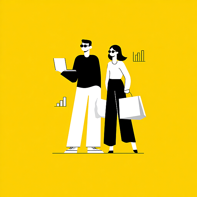 flat illustration, shopping related, one or two people, same style and color scheme as the reference picture: bright yellow background, minimalist black and white line art, modern flat design, vector illustration, simple character shapes, solid color blocks