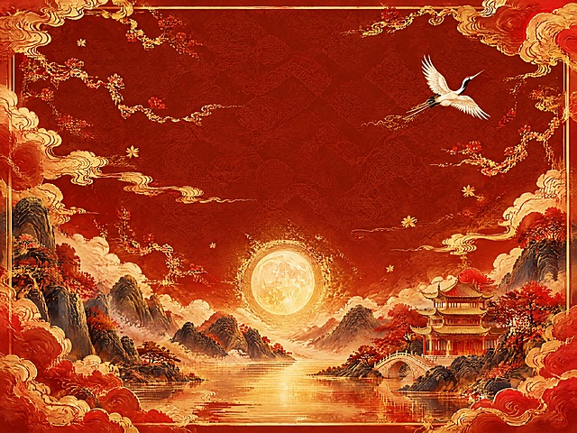 参考图2的构图布局和画面样式：画面为横向构图，四周有金色祥云边框装饰，中间大面积留白区域，底部是山水景观，中间偏下位置有一轮圆月，右侧有一只飞翔的仙鹤，整体是中国风国潮插画风格，红金主色调。将图1中的元素（红色祥云、金色描边云纹、金色太阳/圆月、中式古建筑楼阁、山水、金色闪电状枝蔓纹样、红色花叶装饰）按照图2的构图样式重新摆放：顶部和左右两侧用图1风格的红色祥云加金色描边作为边框装饰，中间留出大面积深红色暗纹背景，底部摆放图1风格的山水和中式古建筑楼阁，山水中有水面倒影，中间偏下位置放置金色圆月，右上方有一只飞翔的仙鹤，整体保留图1的红金配色和描金祥云质感，同时保持图2的横向构图、边框式布局和留白结构，高清4K，高质量，适合印刷输出，细节精致，国潮插画风