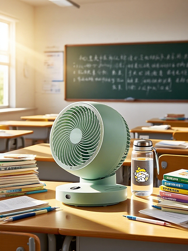 简约现代风扇置于教室，清新舒适，实景感强，体现简约主义设计。
