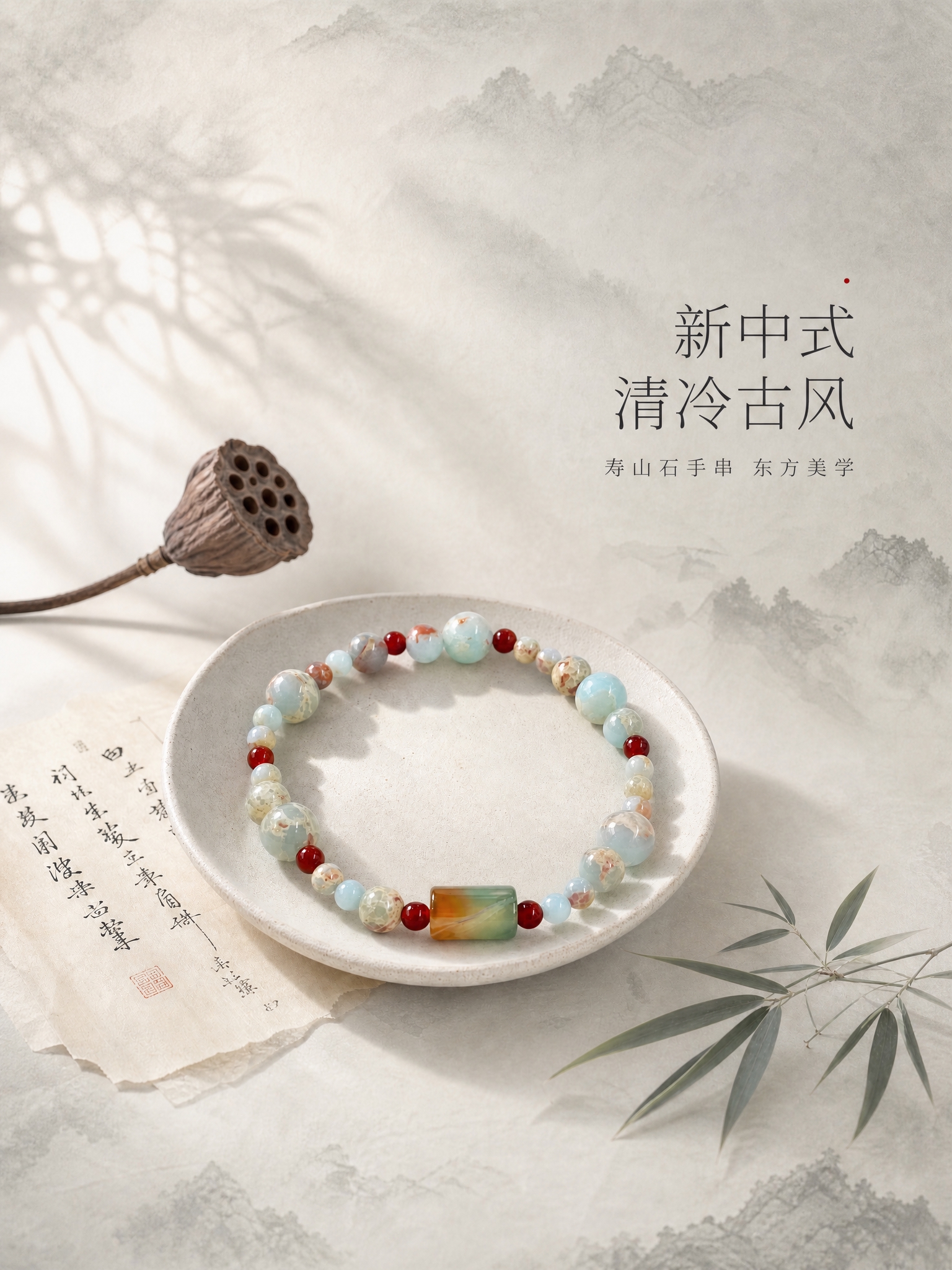 将这张1:1比例的国风场景手串主图扩展为3:4竖版比例，保持原… - 图片创意预览