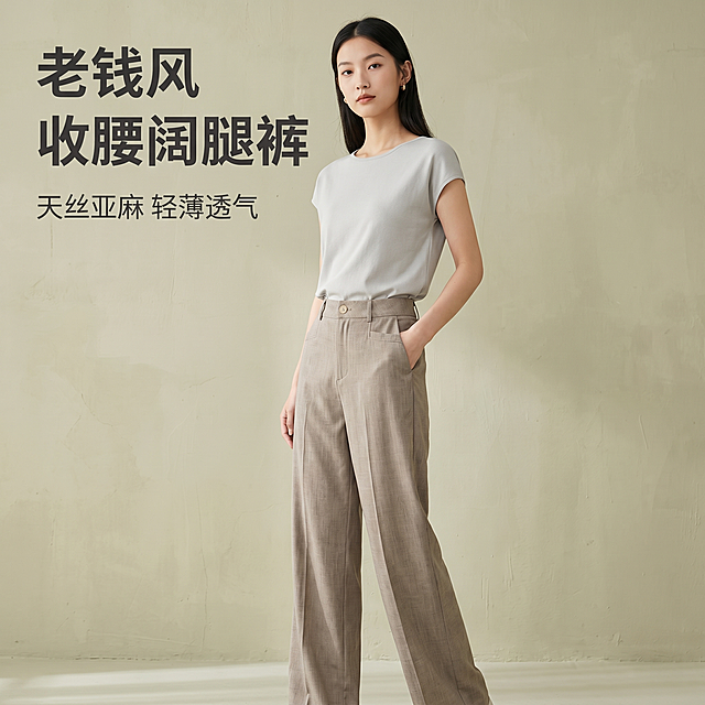 [主图-1] 老钱风收腰阔腿裤抖音主图首图，卡其灰色，展示模特正面穿搭效果。[氛围风格] 高级老钱风，松弛感，精致简约氛围感。[画质] 商业摄影质感，光线柔和通透，产品清晰真实，画面干净高级。[元素] 亚洲年轻女模特，身材高挑，穿搭浅灰色简约上衣，搭配图中老钱风收腰阔腿卡其灰裤，单手插袋自然站立在极简肌理浅卡其墙面前，整体穿搭干净高级，凸显裤子版型。保持裤子颜色、材质纹理、外观结构与输入产品图绝对一致，杜绝任何变形和色差，精细化处理。商品主体占比严格控制在 70%左右，画面满屏无边框。[光影] 柔和自然光从侧面入射，均匀明亮，突出天丝亚麻面料质感，阴影过渡自然，整体干净通透。[配色] 主色调卡其灰，搭配浅米色背景，简约高级。[视角构图] 平视，从腰部到脚部完整展示下半身，主体居中，景深适中。[文字版式] 左上负空间左对齐留安全边距，大字文案「老钱风 收腰阔腿裤」，深灰色粗体，字号最大；下方小字「天丝亚麻 轻薄透气」约半高，同色系浅灰。文字不遮挡产品主体。[比例分辨率] 1:1 比例，2k 分辨率，文字清晰锐利，超高清。[负向提示词] 变形，水印，文字错乱，产品图模糊，背景杂乱，遮挡主体。