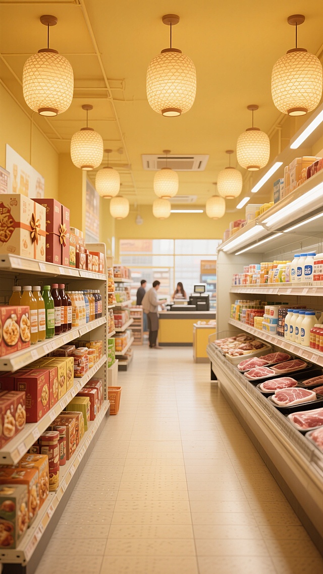 写实风格超市内部场景，柔和温暖的黄色主色调，顶部悬挂的编织灯笼散发着柔和光线，照亮下方整齐排列的各类商品货架，左侧货架摆放着包装精美的零食礼盒和瓶装饮料，右侧货架陈列着新鲜的肉类和乳制品，中间区域是琳琅满目的日用品，货架间的通道宽敞明亮，地面铺设着浅色防滑地砖，远处的收银台有顾客正在结账，整体氛围温馨舒适，充满生活气息。