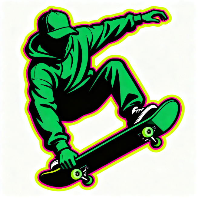 masterpiece, vector illustration, skateboarder silhouette with skateboard, in 180 nose grab pose, we预览效果
