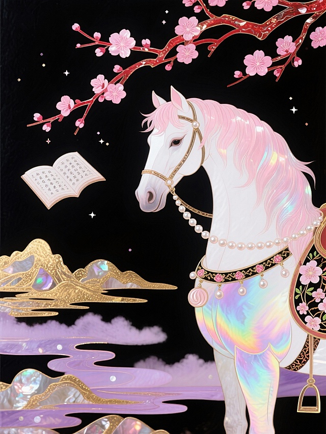 主体是饰有刺绣海棠鞍具与珍珠缰绳的粉白渐变仙螺钿漆画马（毛发从粉到白晕染，生有半透明薄翼，呈静立沉思姿态，羽翼泛淡粉微光）。背景为黑色基底，意识流红梅枝桠扭曲向上，花瓣飘散成粉色星点，悬浮的国风书卷解离成文字光斑，金色山水轮廓，温柔又迷幻，搭配淡紫迷雾与。