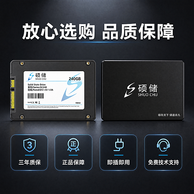 [主图-5] 固态硬盘售后保障与规格总结。[氛围风格] 风格科技简约和整套主图统一。[画质] 商业摄影质感、光线柔和通透、产品清晰真实、画面干净高级。[元素] 画面上半部分展示固态硬盘正反两面组合画中画，左侧是正面图，右侧是背面图，都保持产品外观结构颜色和原图一致；下半部分排列四个售后保障胶囊卡片，分别是「三年质保」「正品保障」「即插即用」「免费技术支持」；底部留出干净背景，整体排版均衡不拥挤。[光影] 整体均冷调匀布光，产品边缘清晰，卡片文字明亮可读。[配色] 深灰背景，蓝色高亮卡片，文字对比清晰。[文字版式] 顶部大标题「放心选购 品质保障」粗体居中；每个胶囊卡片文字白色清晰，字号统一舒适；文字均不遮挡产品主体。[比例分辨率] 1:1比例，4k分辨率，文字清晰可辨超高清。[负向提示词] 变形，水印，文字错乱，产品图模糊，背景杂乱