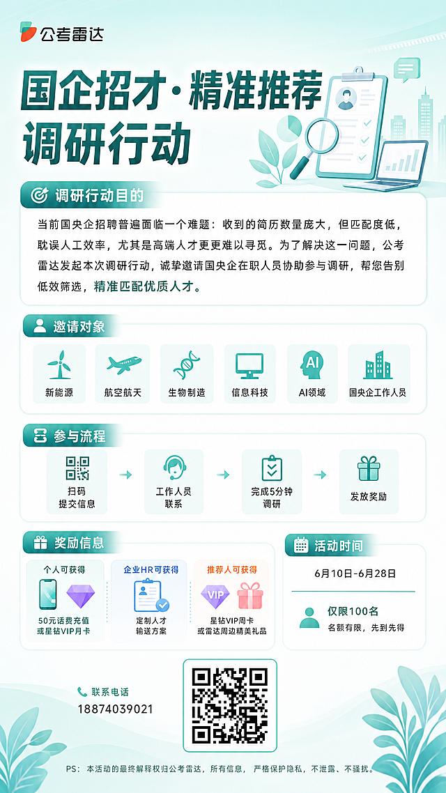 参考上传图片的清新薄荷绿浅青绿色渐变背景色，制作国企招才调研行动海报：1.主标题“国企招才·精准推荐”，主标题下方“调研行动”字体缩小，仅略小于主标题；2.调研行动目的段落文字不换行，合理排版填满空间，消除右侧留白；3.将奖励信息板块缩小到和参与流程板块尺寸一致；4.联系电话18874039021缩小为正常文字大小；5.完整清晰放置二维码，不压缩不截图，保证二维码正常可识别；6.保留已有所有文案内容，保持整体排版分块清晰，在最底部保留文字：PS：本活动的最终解释权归公考雷达，所有信息，严格保护隐私，不泄露、不骚扰；整体保持清新干净风格，文字清晰，版式精美，4K超高清。