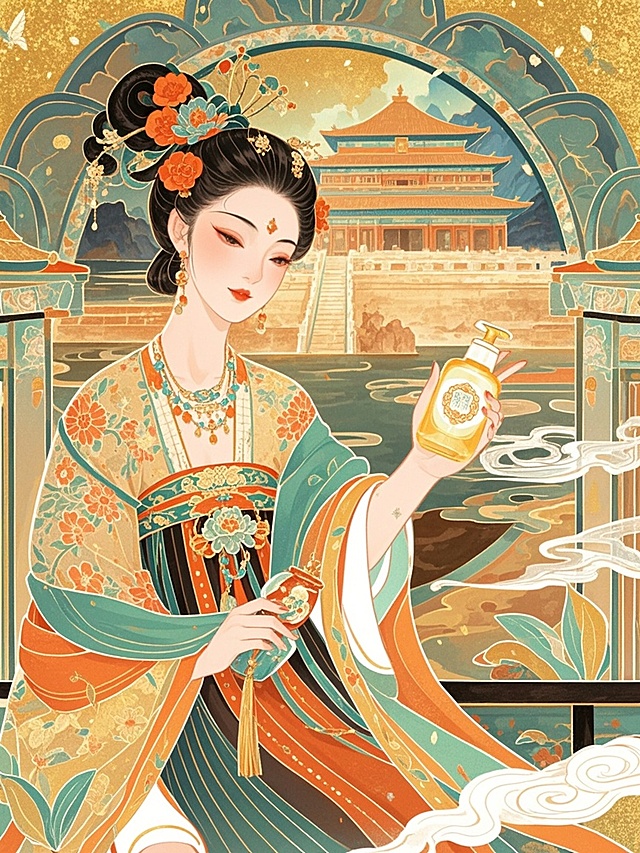 古典中式插画风，国潮元素融合，唯美感与优雅并存，展现传统美学魅力。#美妆，御用，#古风美妆