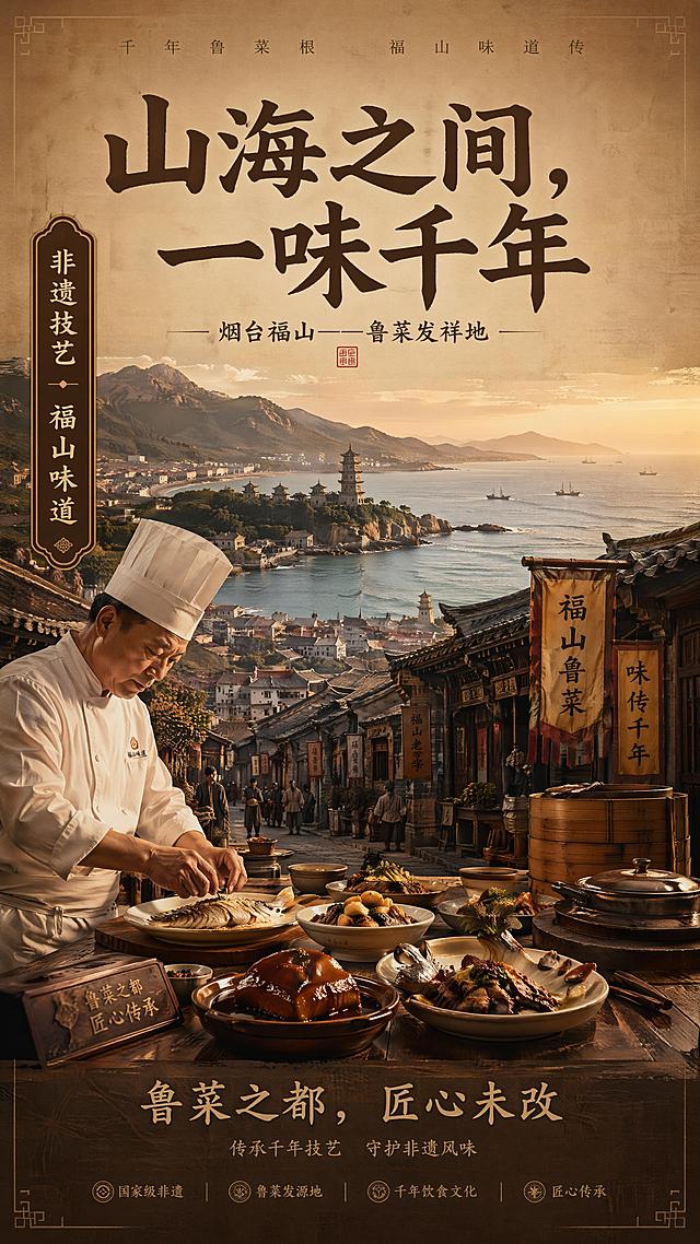 厚重底蕴风格品牌文化宣传海报，主题为聚焦传统鲁菜技艺、非遗美食文化，展现烟台福山作为鲁菜发祥地的千年历史。主标题文字"山海之间，一味千年"放置于画面上方居中，底部 slogan 文字"鲁菜之都，匠心未改"放置于画面底栏居中，装饰标签文字"非遗技艺 福山味道"放置于侧面。画面背景采用山海与古朴胶东老街的融合场景，营造厚重历史文化氛围，整体写实商业摄影风格，色调偏暖棕大地色系凸显底蕴，光影柔和，排版精美，主次错落，层次分明，四边留足安全边距，所有文字清晰可读。