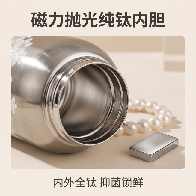 [主图 3] 纯钛口袋保温杯材质细节展示。氛围风格：清新雅致治愈风，高级质感。画质：商业摄影质感，光线柔和通透，细节清晰，画面干净高级。元素：放大展示保温杯内胆磁力抛光细节，特写展示纯钛内胆内壁，背景预览效果