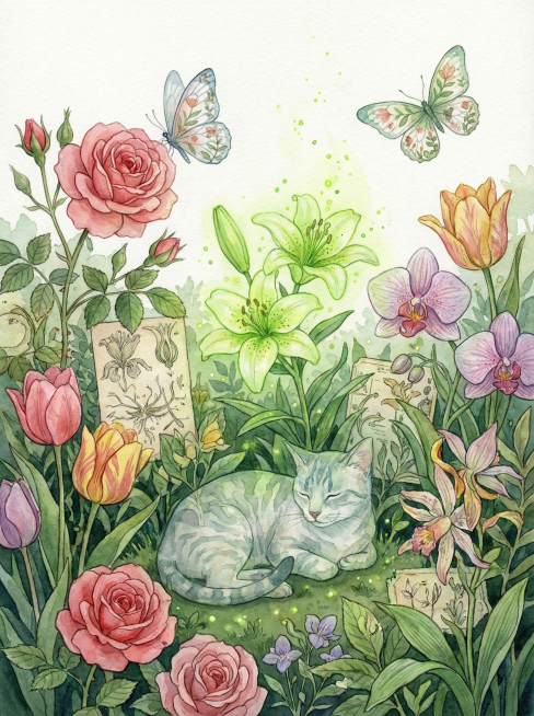 A garden where flowers change species when being watched,  butterflies ， watercolor style,  botanica预览效果