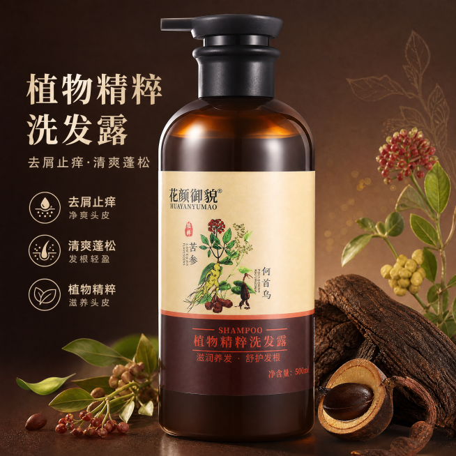 「图片1」，生成电商主图（10张），商品名称是植物精粹洗发露，卖点是内含何首乌、苦参、山茶籽萃取精华，去屑止痒，清爽蓬松，适配拼多多平台，主图比例为1:1像素要求1440*1440，以棕色背景为主，要预览效果