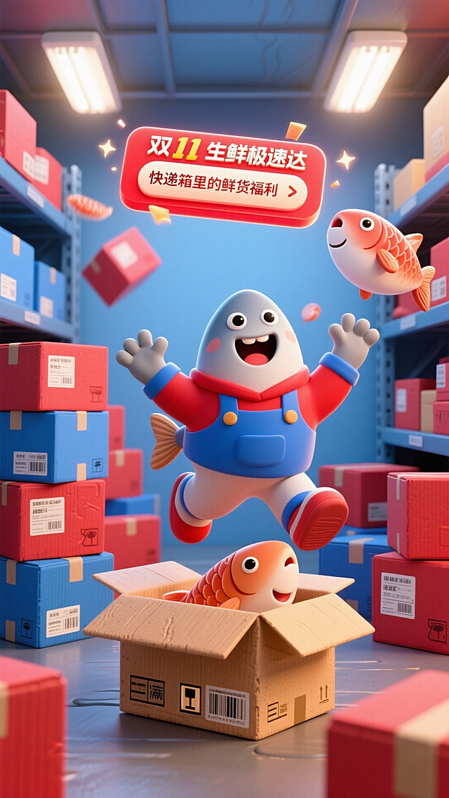 软3D风格卡通鱼人跃出快递箱，拟人化设计充满趣味与可爱感，红蓝配色传递喜庆促销氛围，双11生鲜极速达主题鲜明。