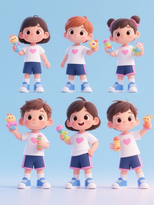 一系列6个完全不同造型、不同性别的可爱儿童集合，每个儿童都穿着风格统一的舒适白色短袖上衣（胸前有粉色心形图案）和深蓝色短裤（侧边有粉色条纹），脚穿蓝色运动鞋并搭配白色袜子，手持不同的可爱玩具，保持高清3D渲染风格，柔和明亮的光线，自然清新的色彩，清晰的细节刻画，纯净的纯色背景，所有儿童规整地排布在画面中，展现出天真烂漫、活泼可爱的氛围，适合用于儿童相关的海报或宣传素材设计，角色具有圆润的脸庞、……预览效果