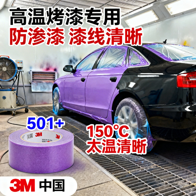 淘宝主图，画面展示汽车高温烤漆场景，3M 501+紫色耐高温工业遮蔽胶带粘贴在汽车车身，周围是烤漆设备，体现胶带在150℃高温环境下的使用场景。上方标注文字"高温烤漆专用 防渗漆 漆线清晰"，底部添加预览效果
