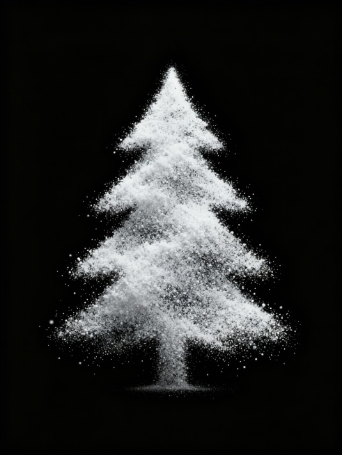 一个白色颗粒状的尘埃，以圣诞树的形状，黑色背景，极简，简单，数字艺术预览效果