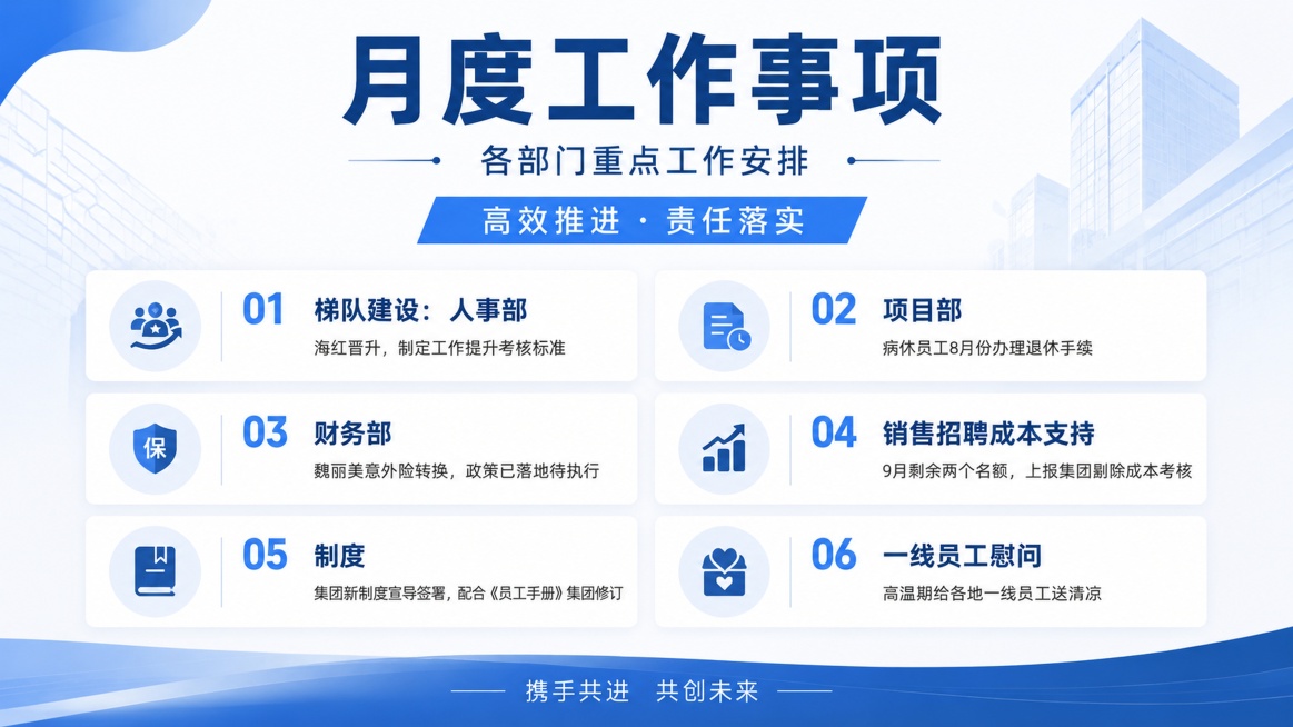 将这张月度工作事项通知海报改成横版排版，保持原有简约正式商务蓝白风格，保留所有文字和内容不变，排版适配横向16:9比例，保证文字全部清晰可读，版式精美协调预览效果