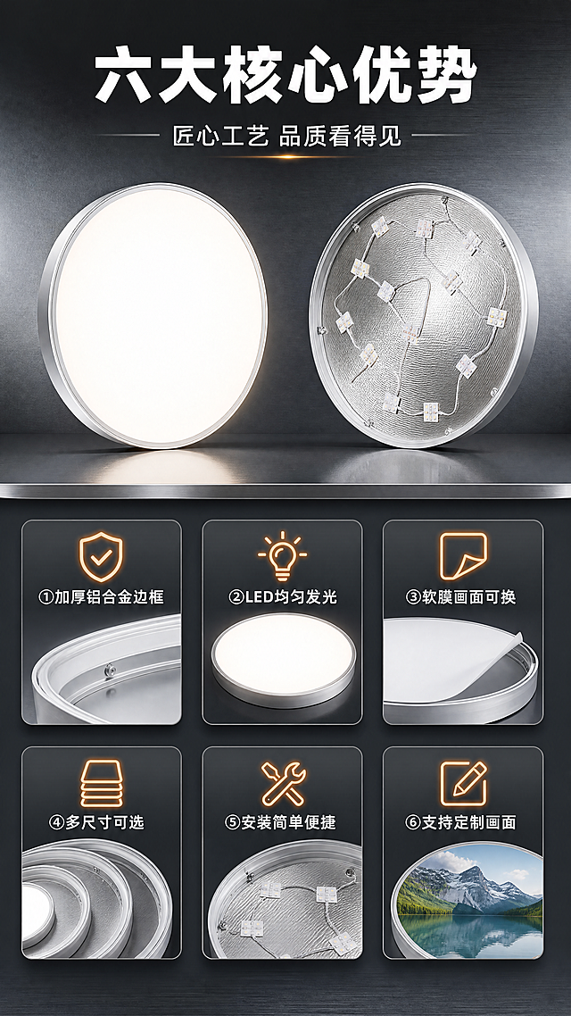 [商品] 使用【图1】灯箱铝框半成品、【图6】多尺寸铝框叠放、【图8】灯箱背面LED灯珠排布图；保留铝合金圆形边框结构、LED灯珠线路、背板纹理；商品处理：去除工厂杂乱桌面和背景，保留产品结构原貌，增强金属边框质感，清晰展示内部构造细节，不改变结构和比例。
[画面] 目标：核心卖点总览页，6大卖点一目了然。构图：上半部分左侧放灯箱正面发光图（小尺寸），右侧放灯箱背面结构图（小尺寸），形成正反对照；下半部分2行3列共6个icon卖点卡，每个卡片配图标+短文案；景别：信息展示页；前景点缀金属质感分割线，中景为产品小图+卖点卡矩阵，背景为深灰渐变+细微金属拉丝纹理。
[视觉] 套系策略：风格=现代商业工业风+高端广告器材质感；标题字=粗黑体无衬线；正文字=思源黑体常规；主色=金属银灰+深灰；背景延展=基于深灰到银灰的渐变质感背景，同色系深浅层级；强调色=暖橙金，仅用于小面积图标、引线、标签和发光点缀；标题色=纯白；正文色=浅银灰；组件=圆角深色信息卡、细银线引线、发光图标；光影=正面柔光，金属边框高光明显，整体干净专业。
[文字] 顶部主标题：六大核心优势；副标题：匠心工艺 品质看得见；6个卖点卡：①加厚铝合金边框 ②LED均匀发光 ③软膜画面可换 ④多尺寸可选 ⑤安装简单便捷 ⑥支持定制画面；文字全部横排，卖点卡内文字居中，字号保证手机端清晰可读。
[规格] 图片比例9:16竖版，4K分辨率，负向提示：避免工厂背景、杂物、文字竖排、文字过小、产品变形、极限词、二维码、水印。