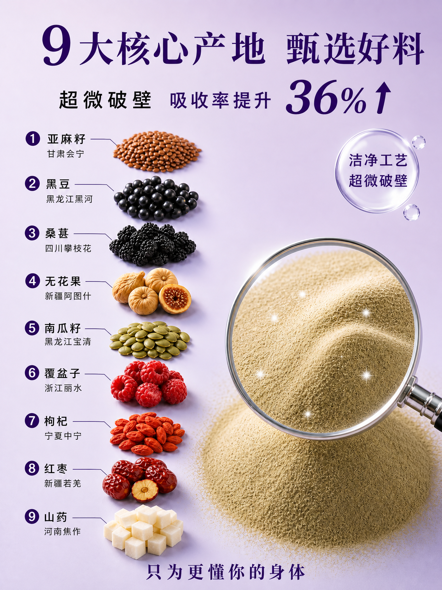 种子悦养粉贵料工艺图，电商主图，严格3比4竖版比例。淡紫色极简… - 图片创意预览