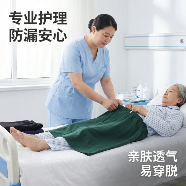 老年人防漏隔尿裤裙电商主图1，专业护理风格，45岁鹅蛋脸亚洲女性护工帮卧床老年老人穿戴隔尿半身裙，裙长70cm，产品长度比例适中。背景是干净整洁的白色医护风病房，旁边摆放消毒用品，自然光柔和明亮，呈现预览效果